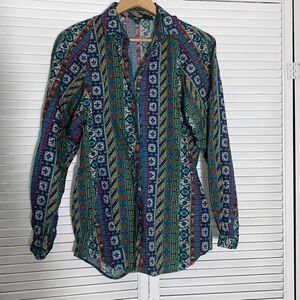 Vintage 80’s Liz Wear Colorful Retro Funky Print Button Down Long Sleeve Shirt S